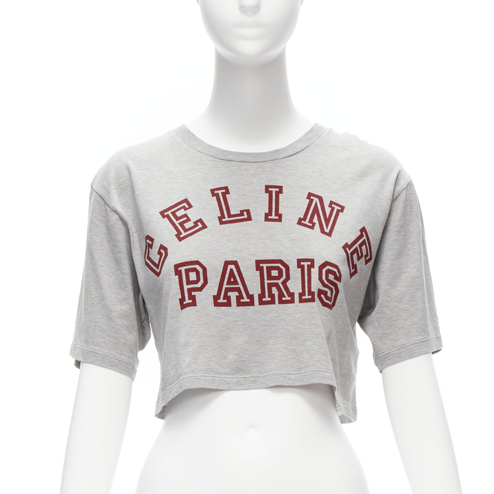 CELINE PARIS red logo grey cotton crew neck cropped tshirt XS