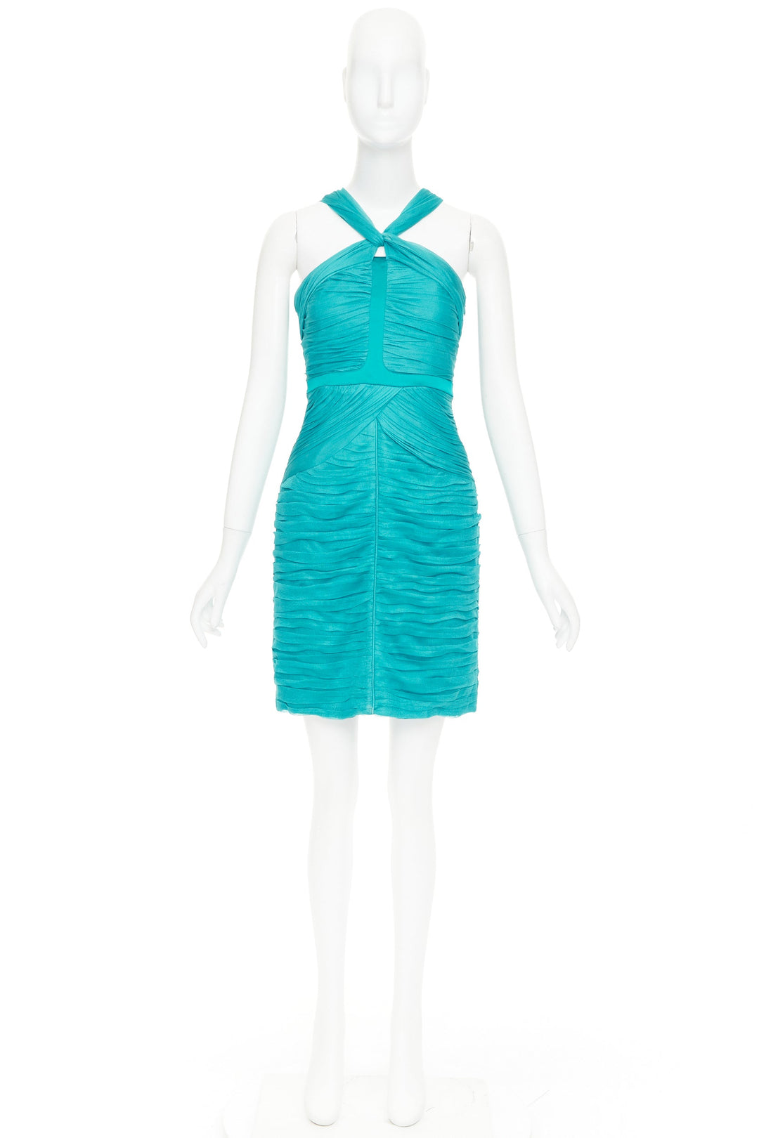 BURBERRY teal blue silk pleated satin front halter mini dress