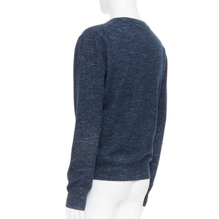 GUCCI navy wool silk cashmere melange V neck GG logo charm sweater L