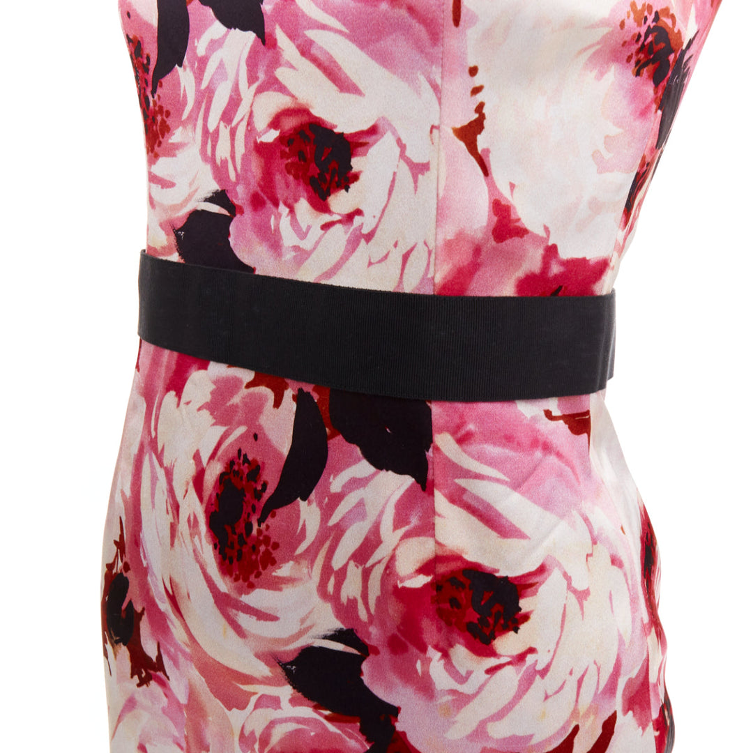 DOLCE GABBANA Vintage pink rose peonies floral black strap mini dress IT40 S