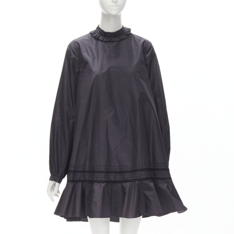 CHRISTIAN DIOR black 100% silk lace trim collar flared skirt muumuu dress FR42 L