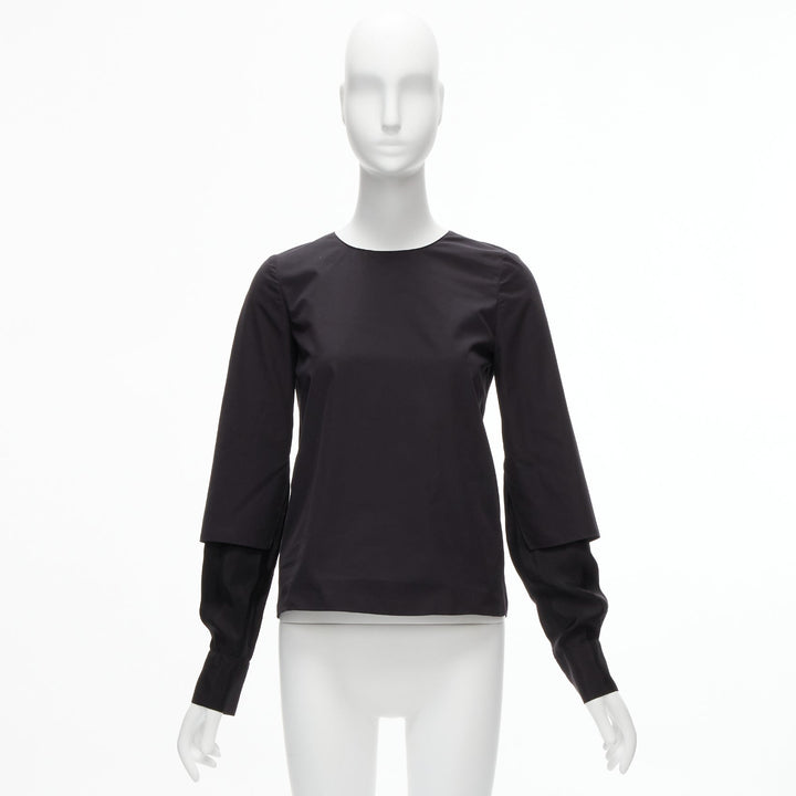 MARNI black cotton layered sleeves minimal crew neck blouse top FR36 S
