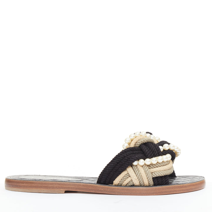 CHANEL 2017 Cuba black cream rope pearl twist slipper sandals EU38