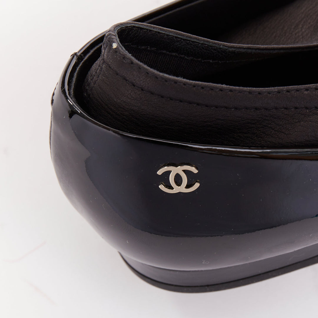 CHANEL 16P G31741 black patent leather silver CC logo mary jane flats EU38