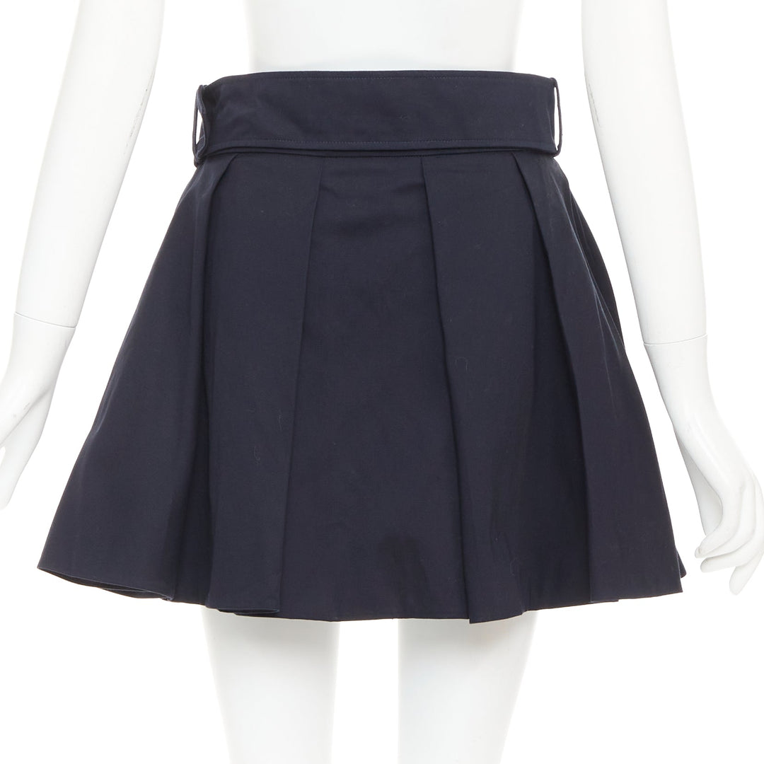 PATOU navy cotton front button box pleat belted flared mini skirt FR38 M