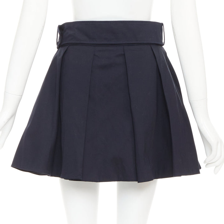 PATOU navy cotton front button box pleat belted flared mini skirt FR38 M