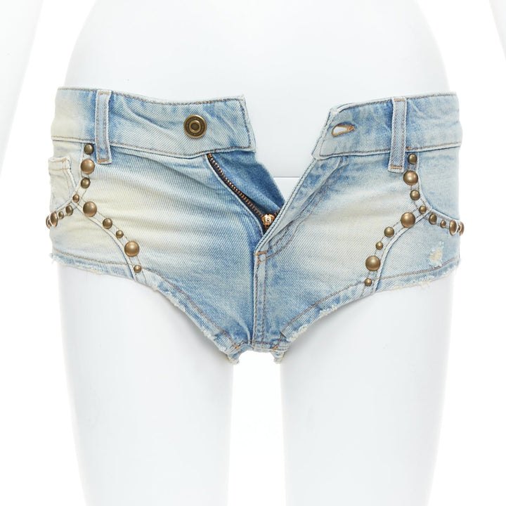 BLUMARINE 2024 blue washed bronze studded high cut micro shorts IT38 XS