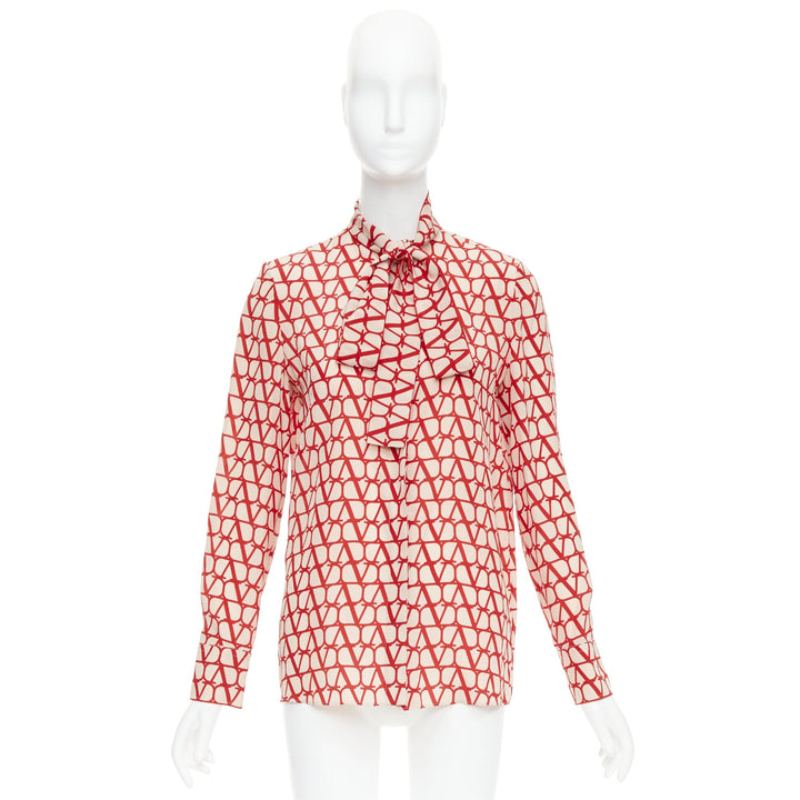 VALENTINO Iconographe Toile crepe de chine silk print tie blouse IT38 XS