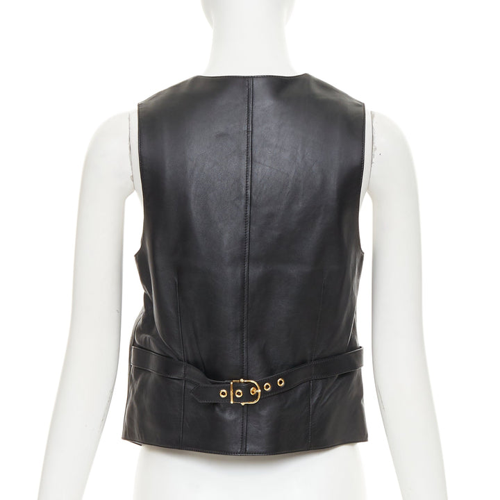 CELINE black lambskin leather gold Triomphe button waistcoat vest FR36 S