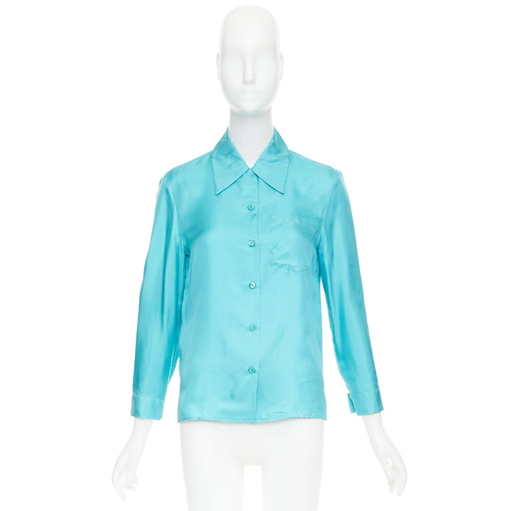 PRADA 2015 100% silk turquoise blue wide collar pocketed button-up shirt IT38 XS