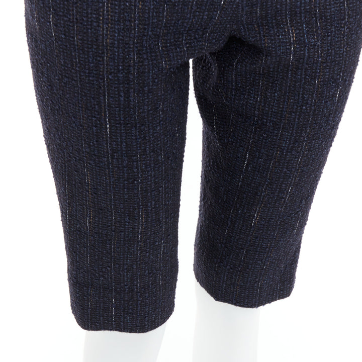 CHANEL navy metallic tweed CC button knee capri pants FR34 XS