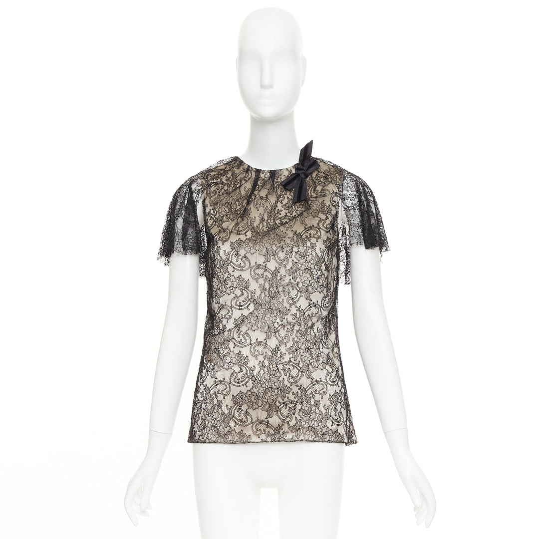 J MENDEL Chantilly Lace Blouse nude silk lined bow embellished top US2 S