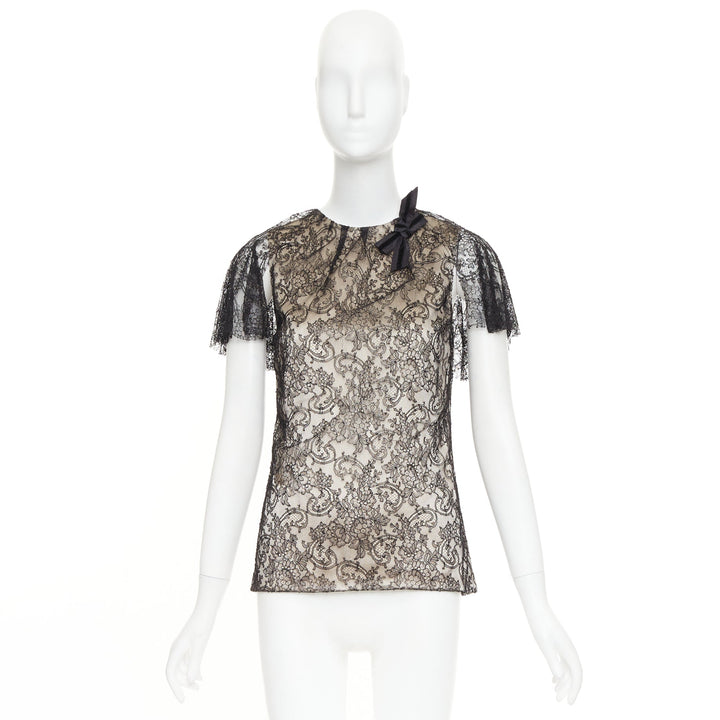 J MENDEL Chantilly Lace Blouse nude silk lined bow embellished top US2 S