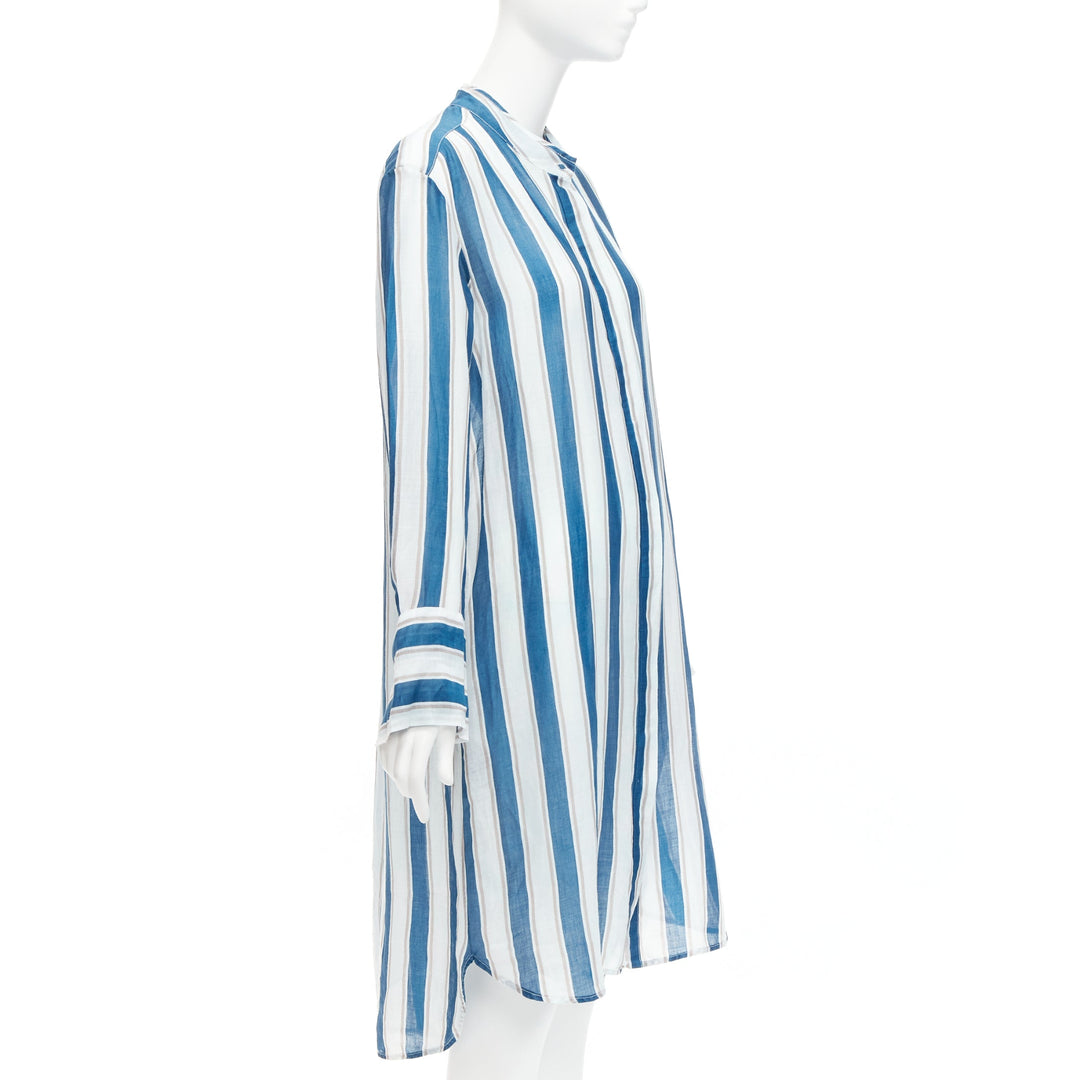 LEE MATHEWS blue grey stripe 100% linen high low hem casual shirt dress US0 XS