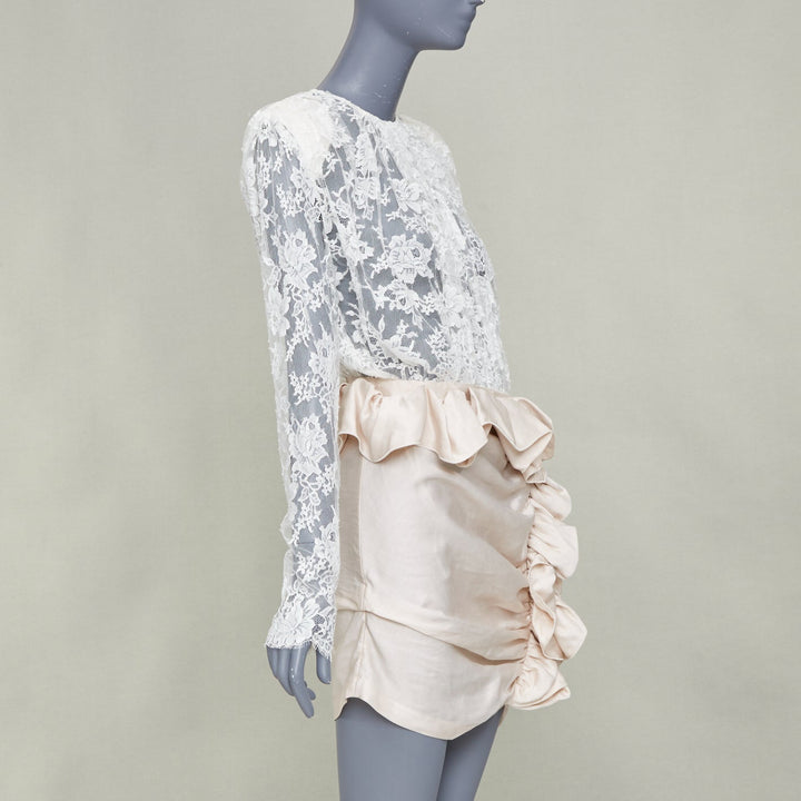 MAGDA BUTRYM Bridal Floral white lace ruffle draped satin mini dress FR34 XS