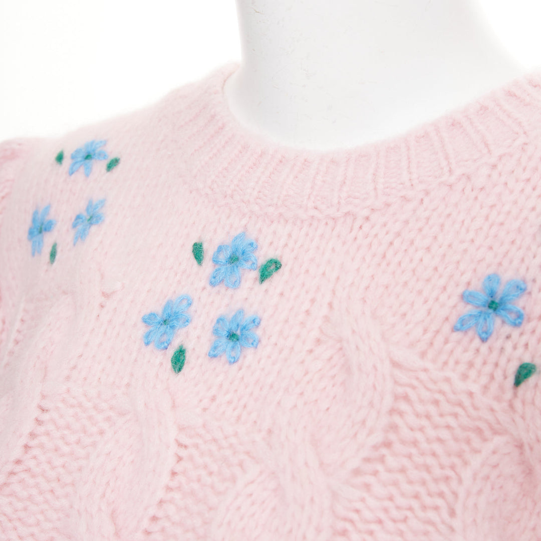 ALESSANDRA RICH pink alpaca blue floral embroidered cable knit sweater IT38 XS