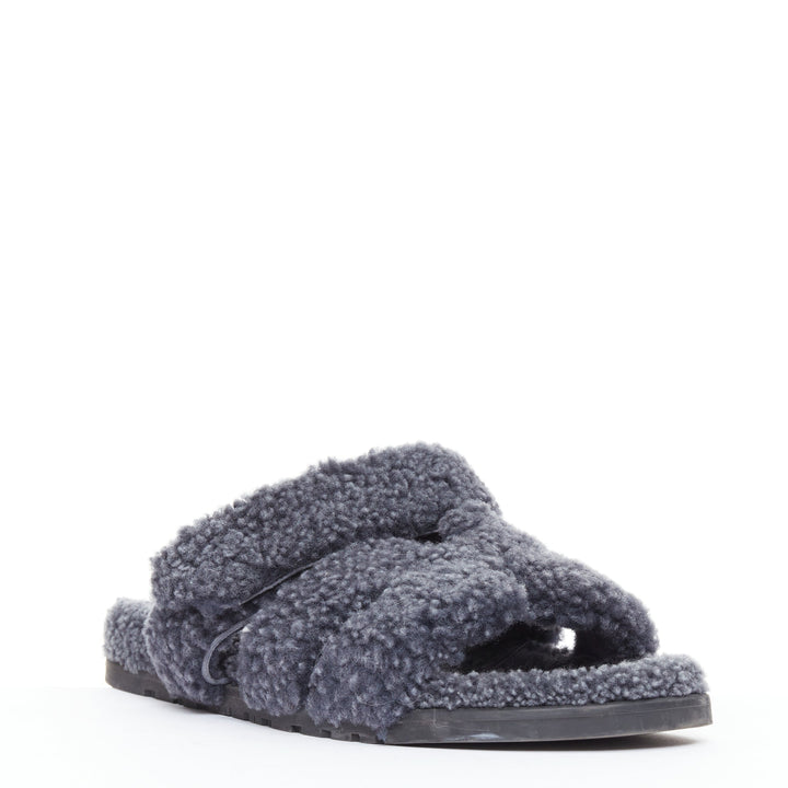HERMES Chypre grey shearling H adjustable strap techno sandal EU41