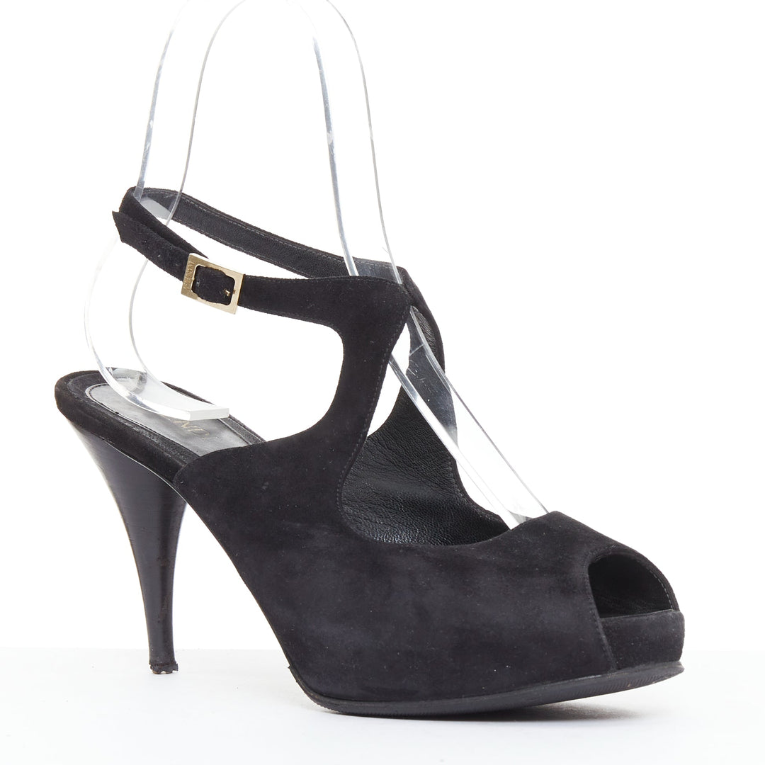 FENDI black suede gold buckle slingback peep toe pumps EU37