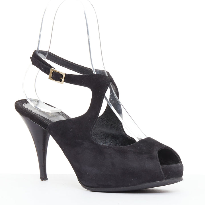 FENDI black suede gold buckle slingback peep toe pumps EU37