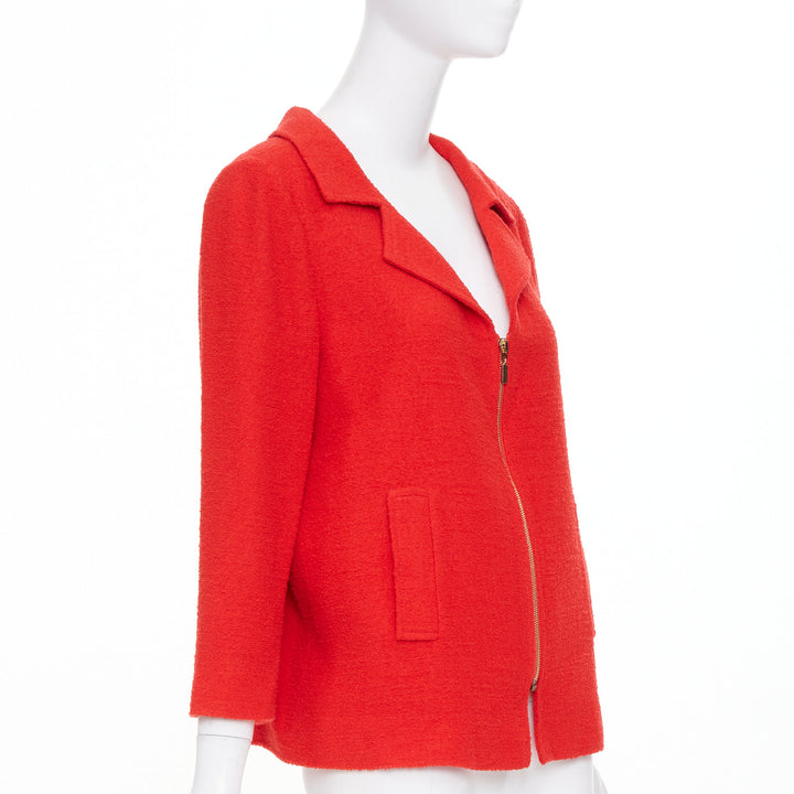 OSCAR DE LA RENTA 2008 red wool tweed gold zip open collar jacket US14 3XL