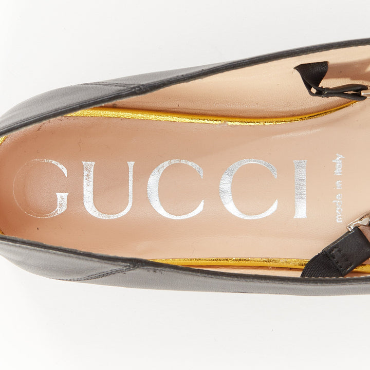 GUCCI 2020 Deva black leather horsebit chain strap pointed ballet flats EU38