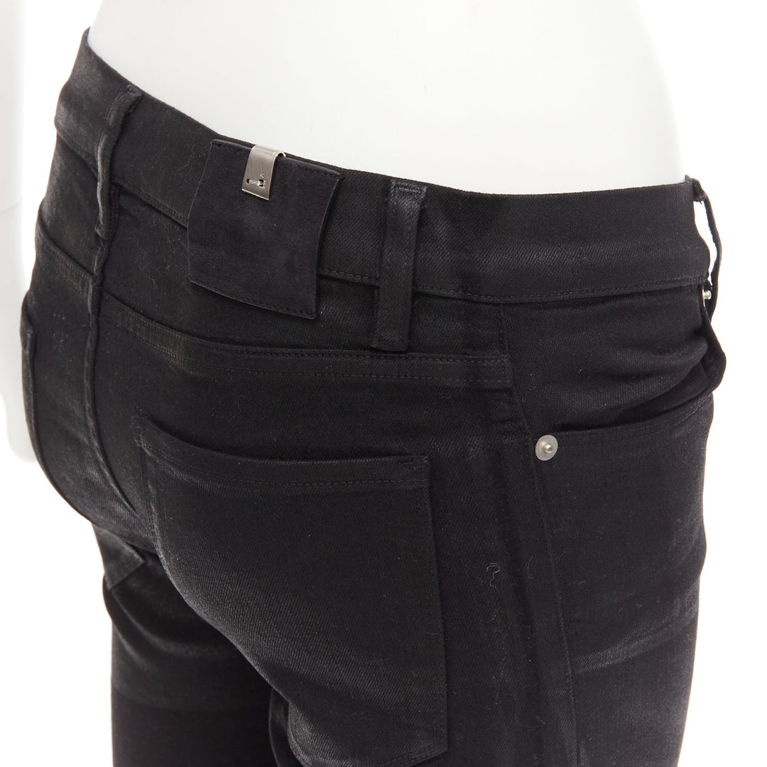 ALYX 2016 black coated cotton blend back zip fray edge skinny jeans 26"