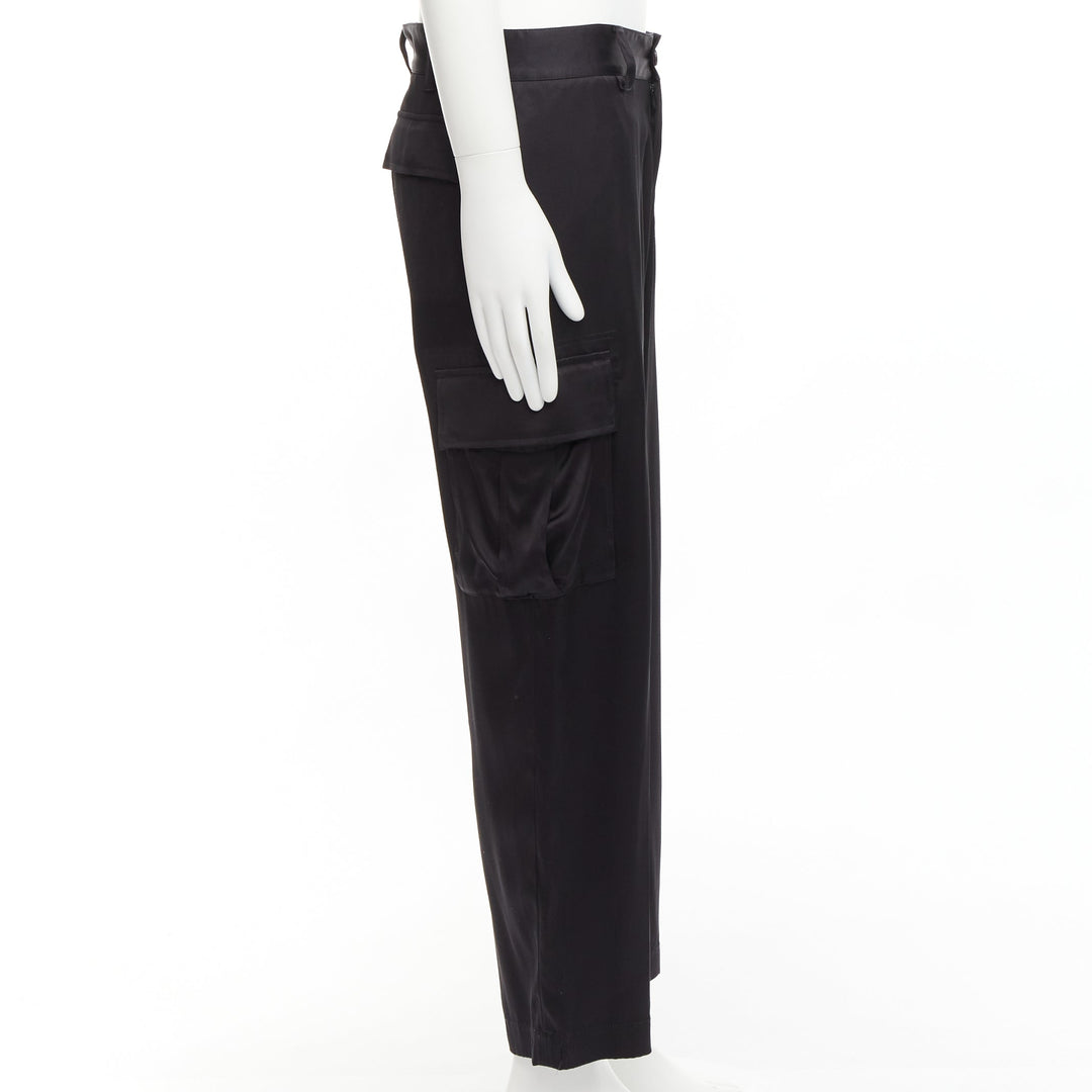 VERSACE 100% silk black cargo pockets wide leg trousers pants IT48 M
