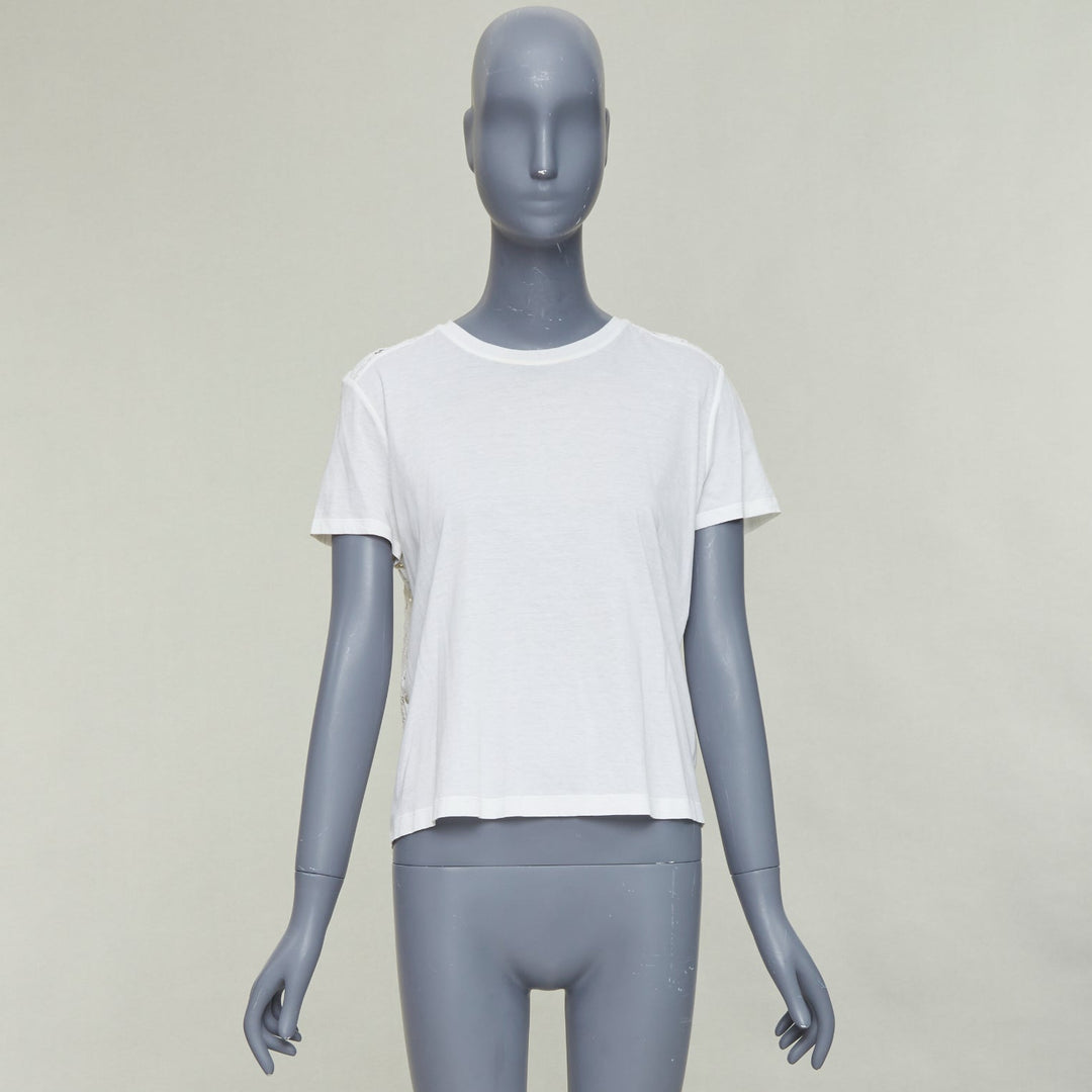 VALENTINO cream cotton intricate lace back sheer hi low tshirt S