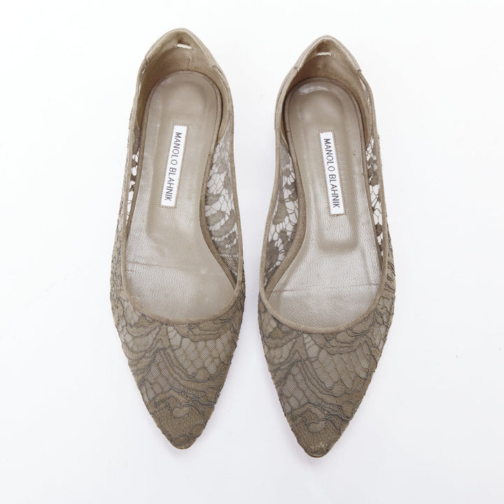 MANOLO BLAHNIK grey lace suede pointy toes flat shoes EU37.5