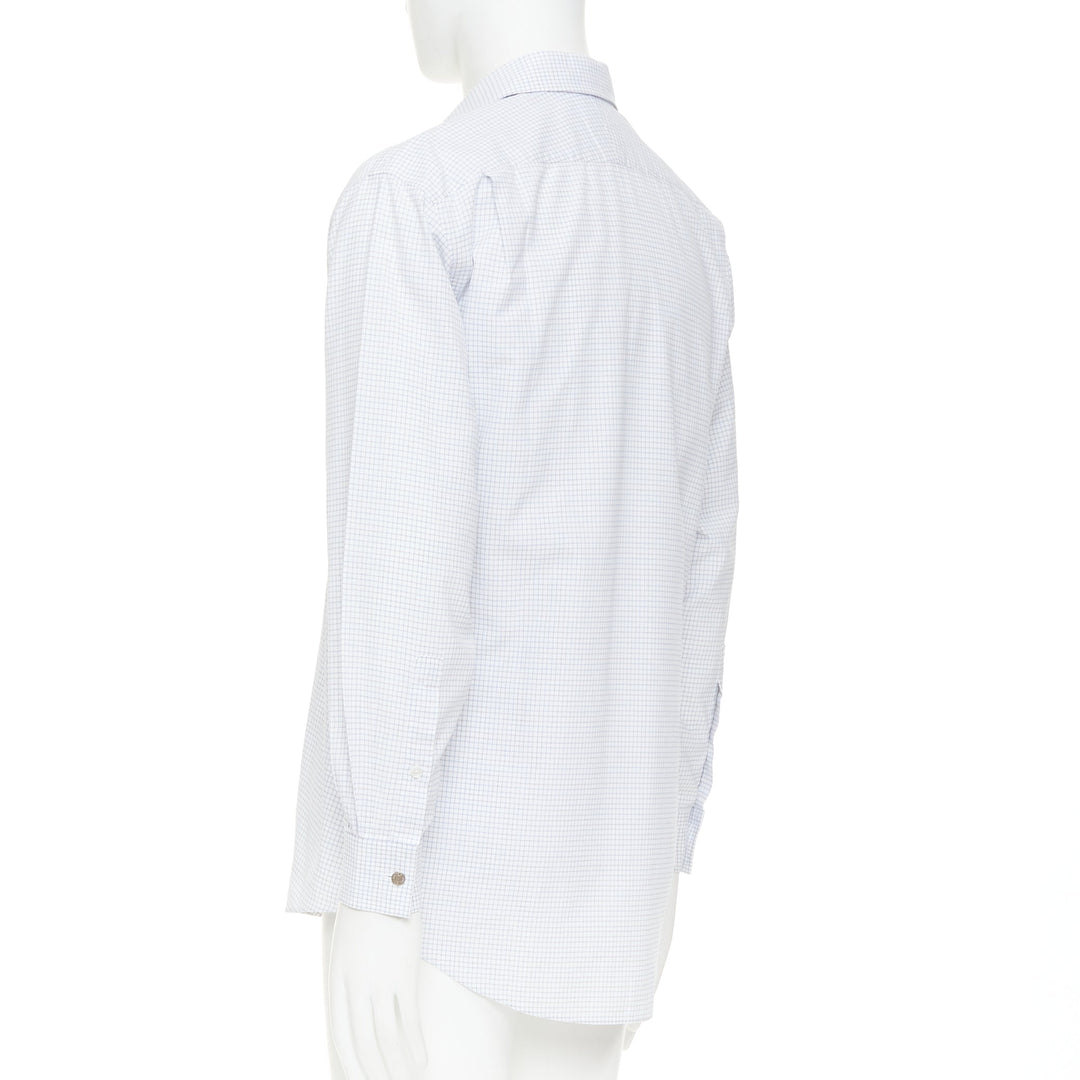 HERMES white blue small checked cotton collared shirt EU39 M