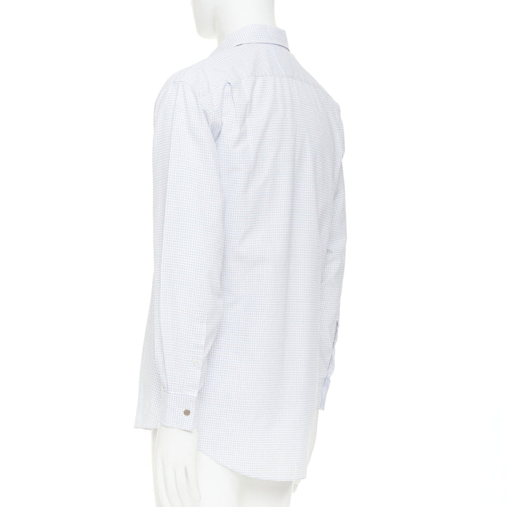 HERMES white blue small checked cotton collared shirt EU39 M