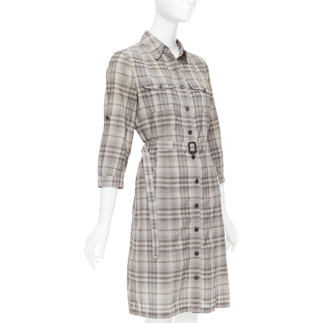 BURBERRY House Check beige cotton cowhide belted shirt dress IT38 XS