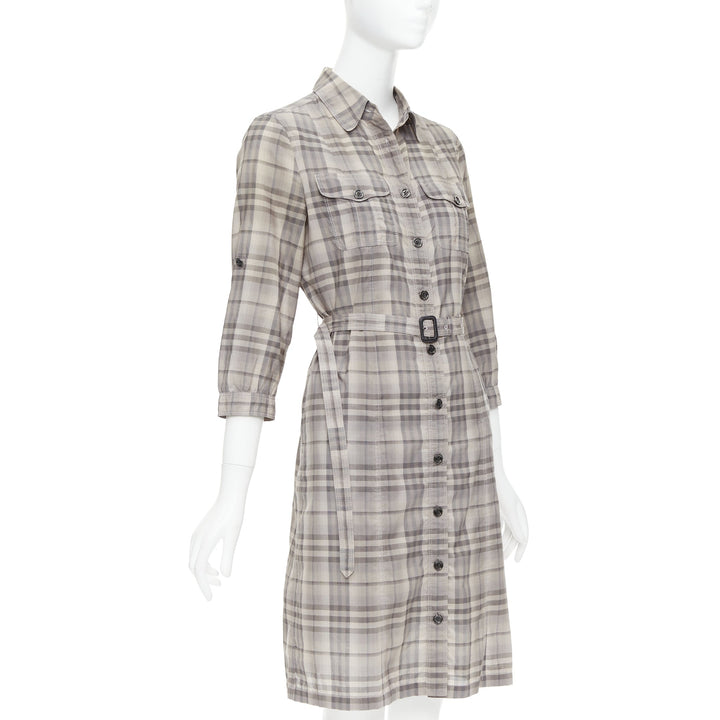 BURBERRY House Check beige cotton cowhide belted shirt dress IT38 XS
