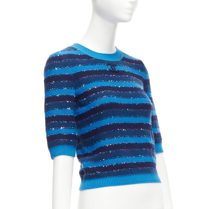 CHANEL 20C blue sequins cashmere blend CC logo striped crop sweater FR36 XS
