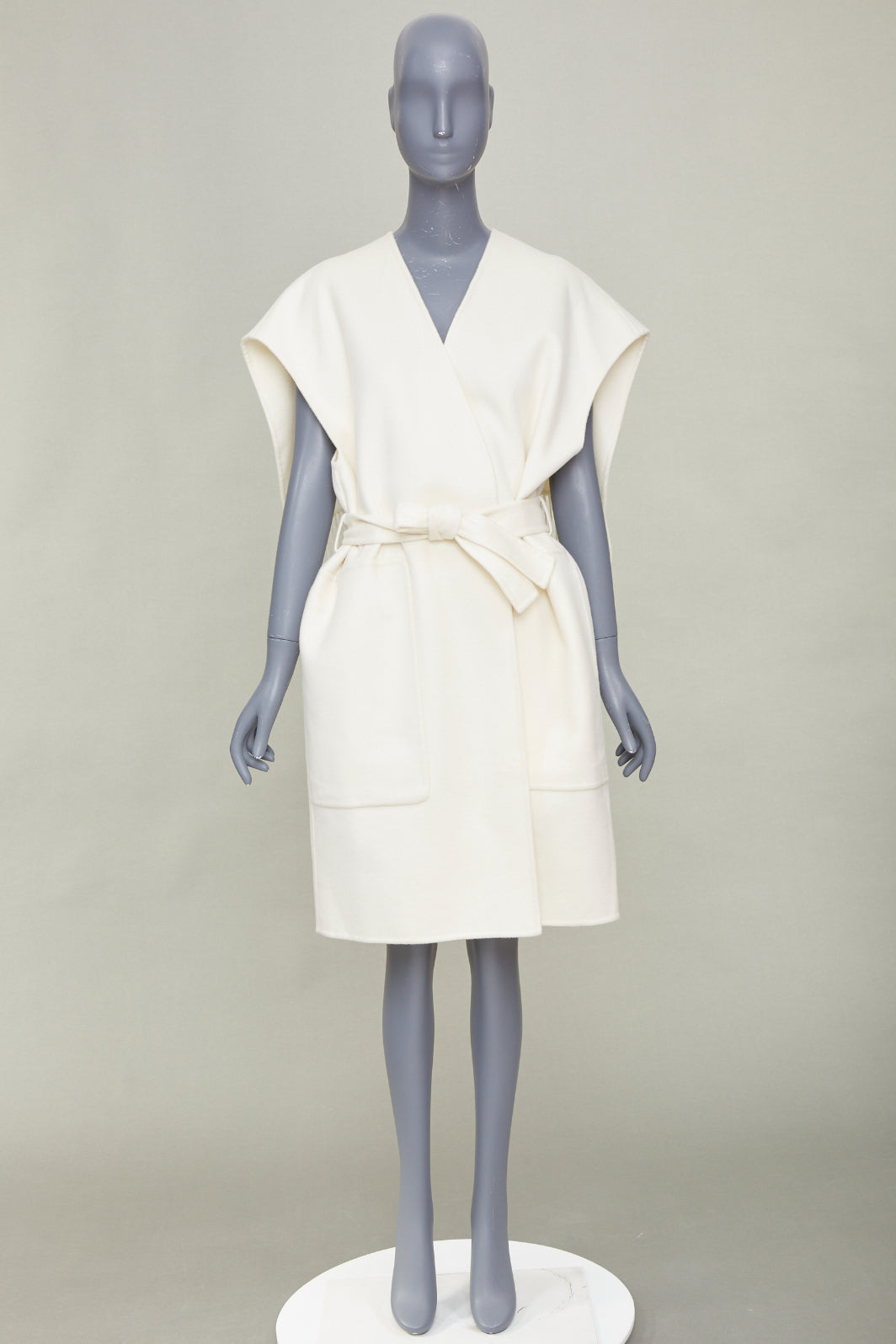 ERMES ivory 100% double face cashmere open cap sleeve belted robe coat FR36 S