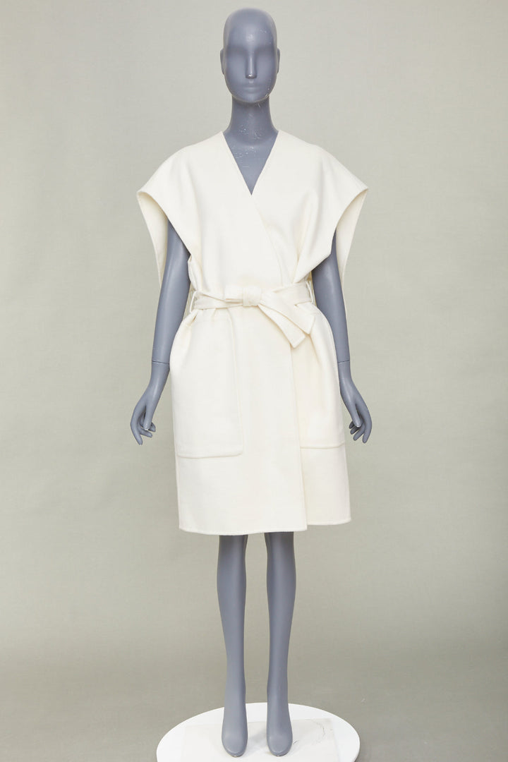ERMES ivory 100% double face cashmere open cap sleeve belted robe coat FR36 S