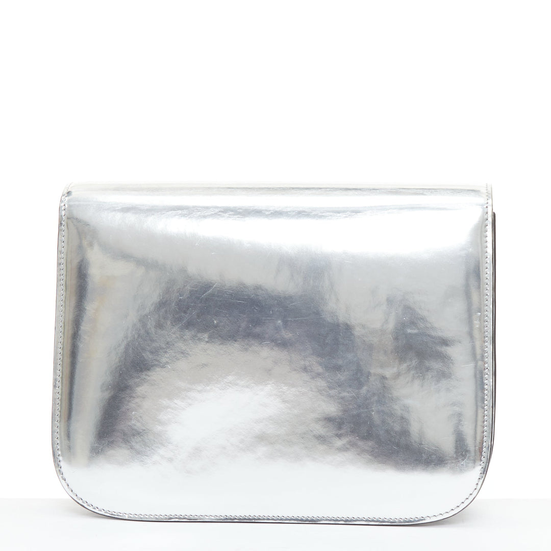 CELINE Classic Box silver mirrored leather push clasp crossbody messenger bag