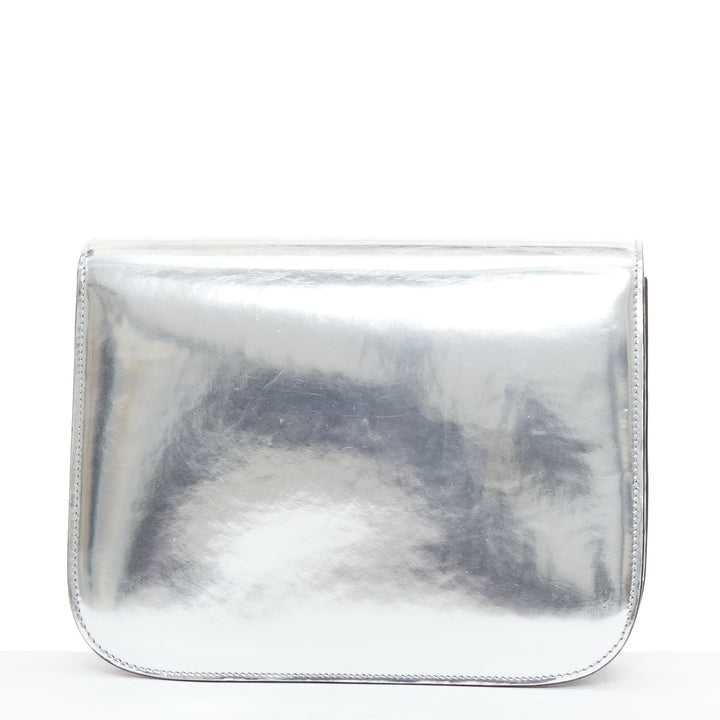 CELINE Classic Box silver mirrored leather push clasp crossbody messenger bag