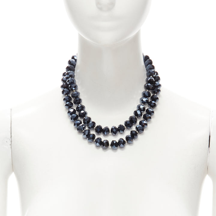 KENNETH JAY LANE silver geometric beads blue big beads double necklace set