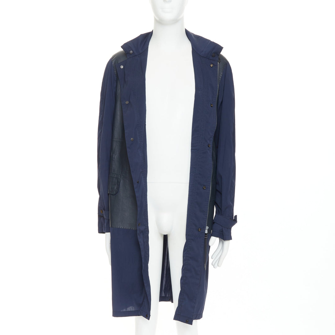 LANVIN black leather panels navy lightweight nylon anorak coat FR48 M