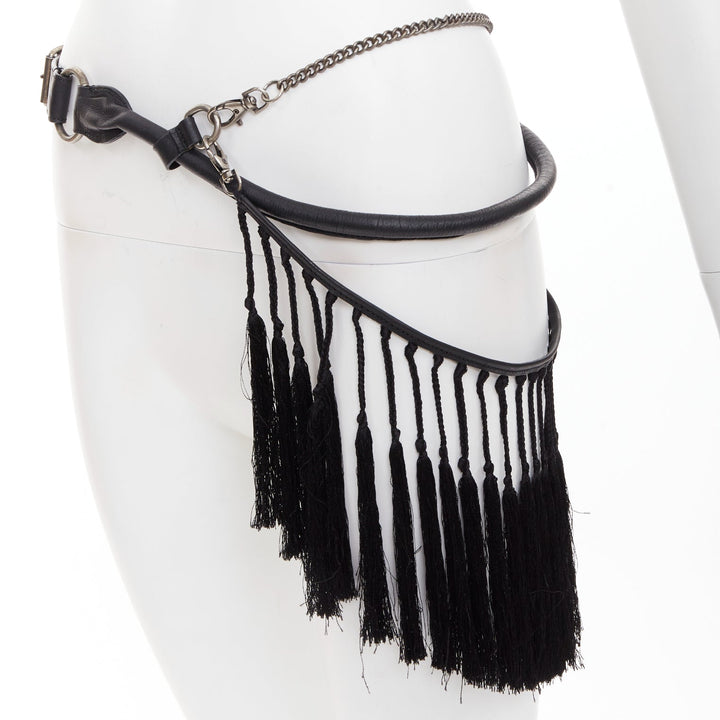 rare ANN DEMEULEMEESTER Vintage black leather macrame fringe small pouch belt