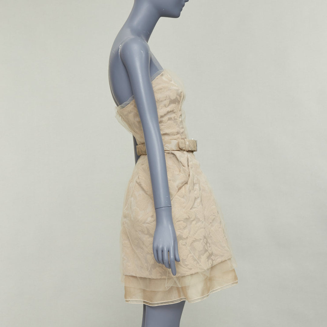 DOLCE GABBANA 2008 Runway beige barocco jacquard tulle strapless belted dress