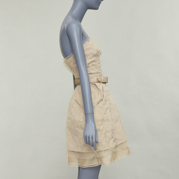 DOLCE GABBANA 2008 Runway beige barocco jacquard tulle strapless belted dress