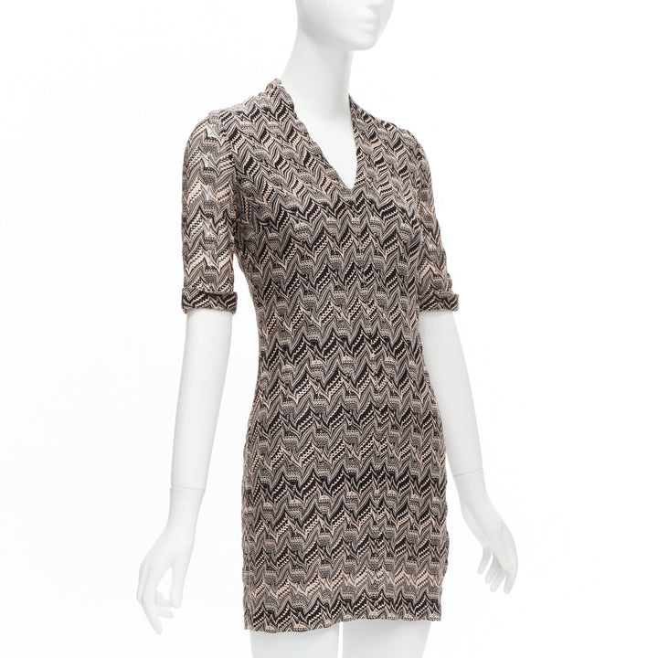 MISSONI pink black chevron knit lace knit V-neck  mini dress IT38 XS