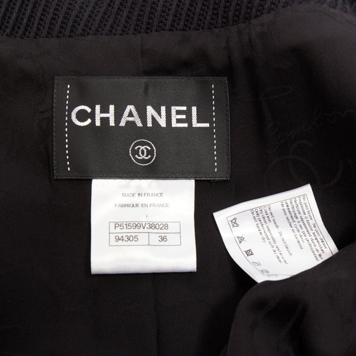 CHANEL 2015 Runway black cotton diagonal corded contrast satin piped coat FR36 S