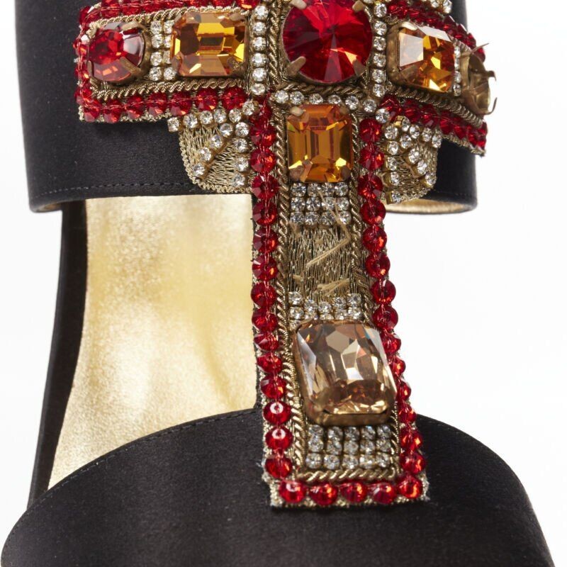 VERSACE 2018 Tribute Byzantine Cross Jewel crystal black satin sandals EU38