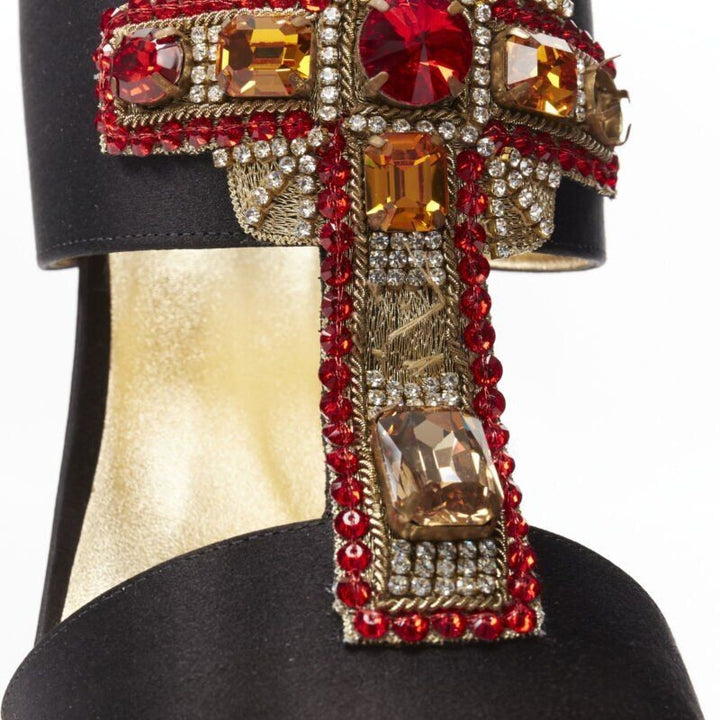 VERSACE 2018 Tribute Byzantine Cross Jewel crystal black satin sandals EU38