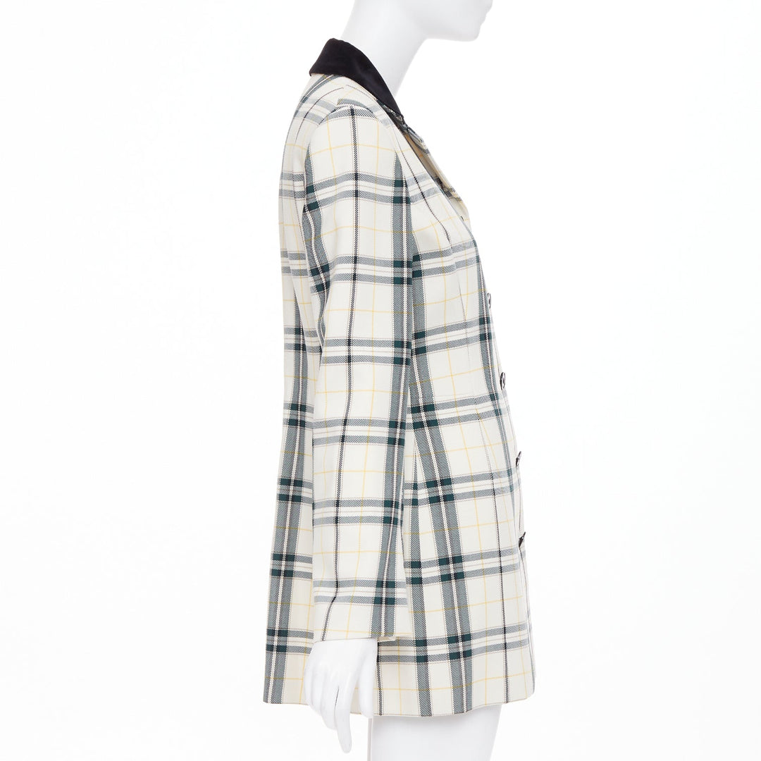 OLIVIER THEYSKENS cream green plaid check velvet collar fitted jacket IT38 XS