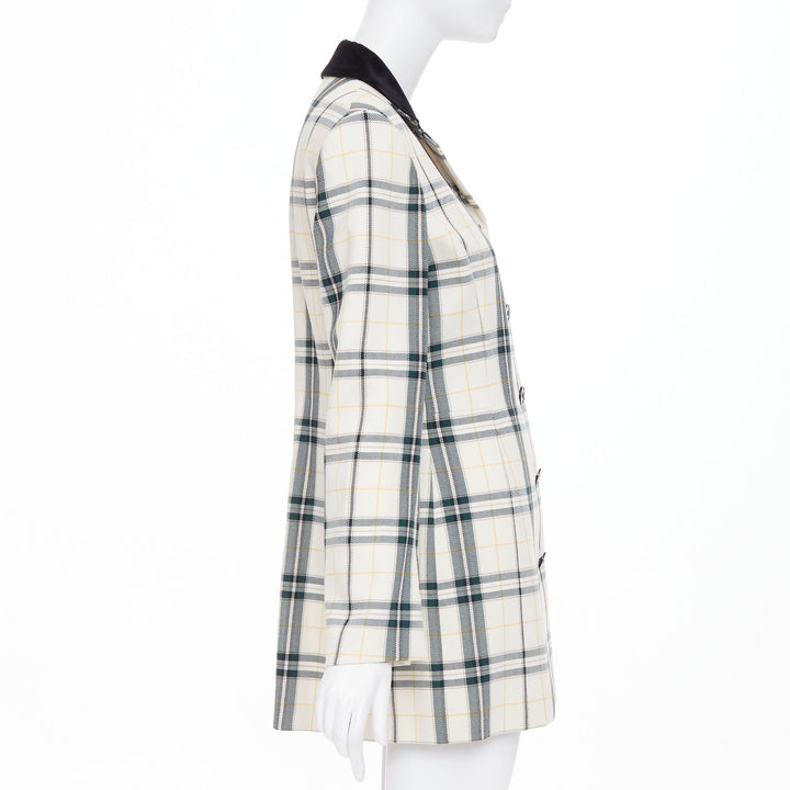 OLIVIER THEYSKENS cream green plaid check velvet collar fitted jacket IT38 XS