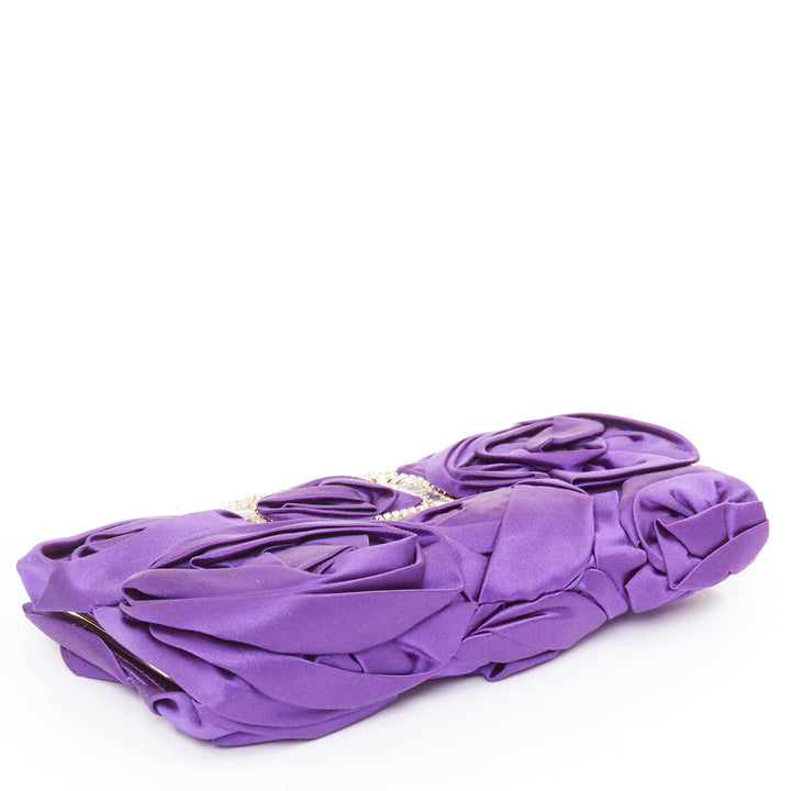 ROGER VIVIER purple satin 3D rose ruffle applique crystal buckle clutch bag